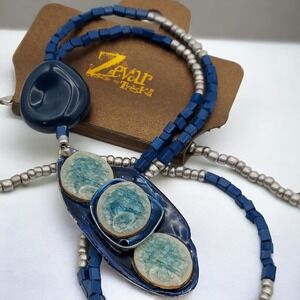 New Zevar by Treska Pendant Necklace 36" Long Blue Silver Tone Beads Boho Art